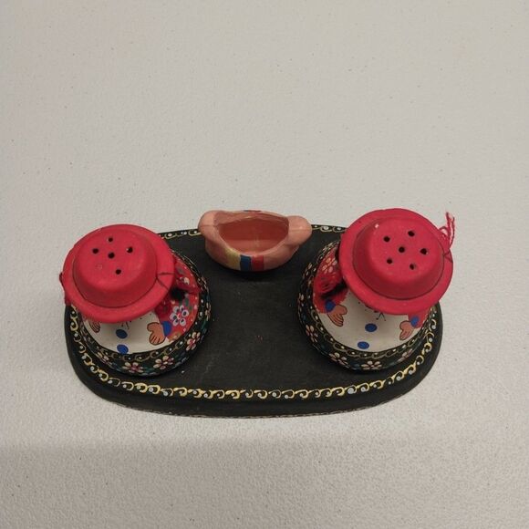 Vintage Folk Art Hand Painted Salt & Pepper Shakers + Toothpick Holder Pottery - Picture 3 of 15